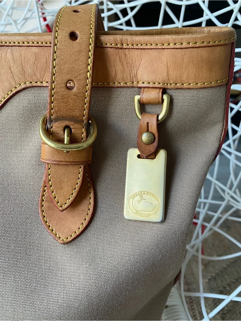 Vintage Dooney & Bourke Cabriolet Bucket Bag Taupe Canvas Tan Vachetta Leather